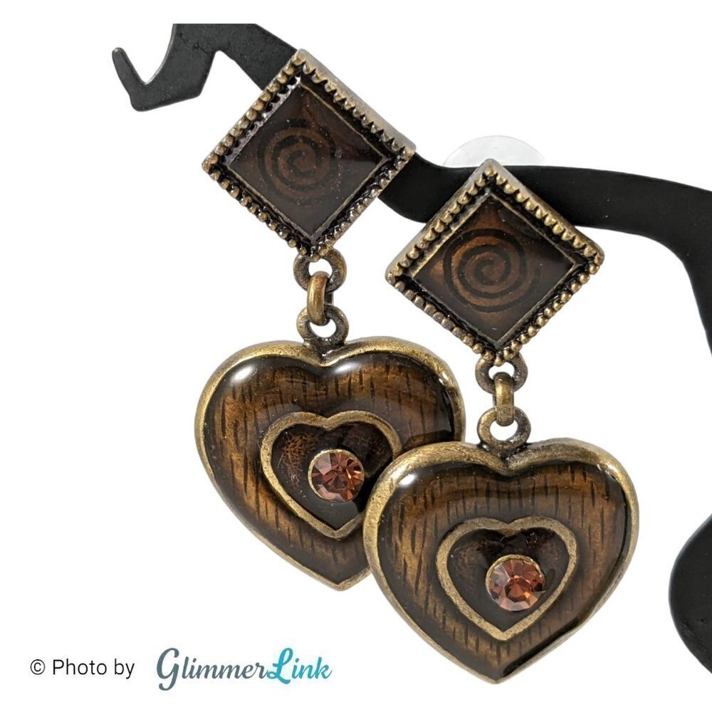 Brown Enamel Rhinestones Heart Square Geometric Brass Tone Dangle Earrings